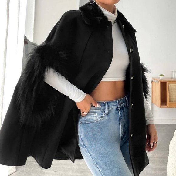 Faux fur Cuff Raglan Sleeve Borg Collar Black button down Overcoat Jacket - Picture 4 of 5